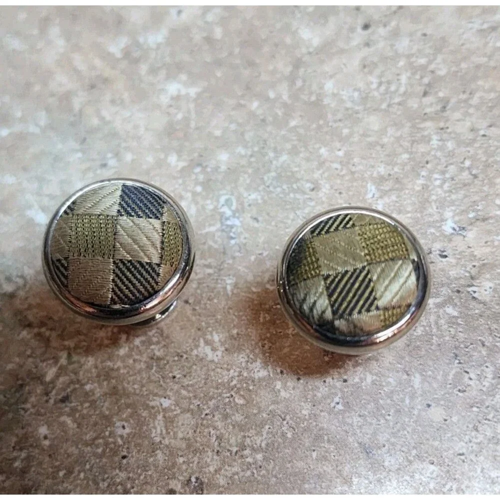 Vintage Cufflinks Round Brown Blue Silver Plaid Fabric Silver Tone
